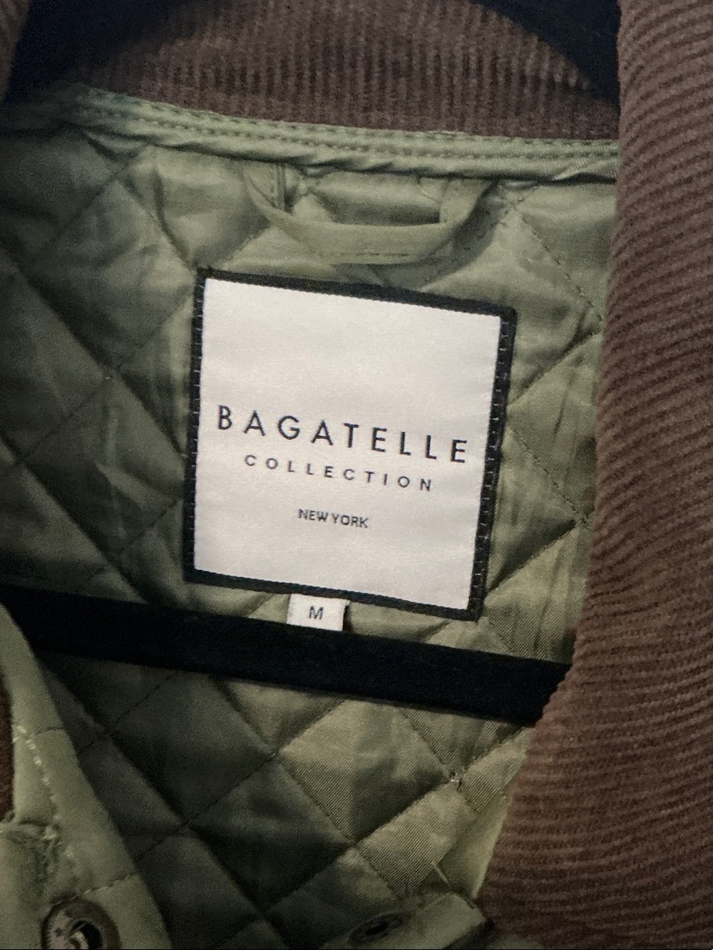 bagatelle Olive Quilted Bomber Jacket with Brown Corduroy Collar - Picture 2 of 11
